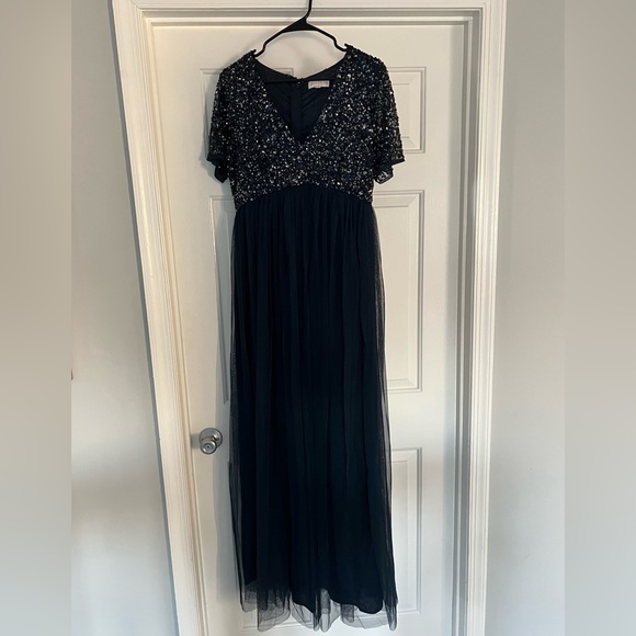 ASOS Maya Maternity Short Sleeve Maxi Dress Formal Gown Tulle Sequins Navy US 10 - Picture 3 of 6